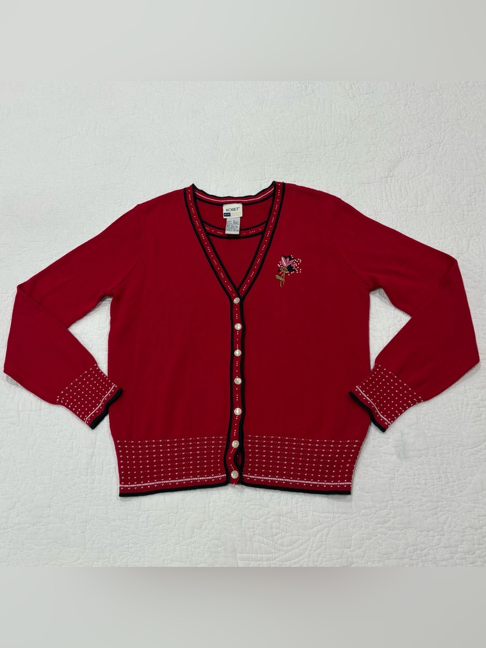 Vintage 90s Women’s Cardigan Sz Small Petite Red Embroidered Flower Granny Core